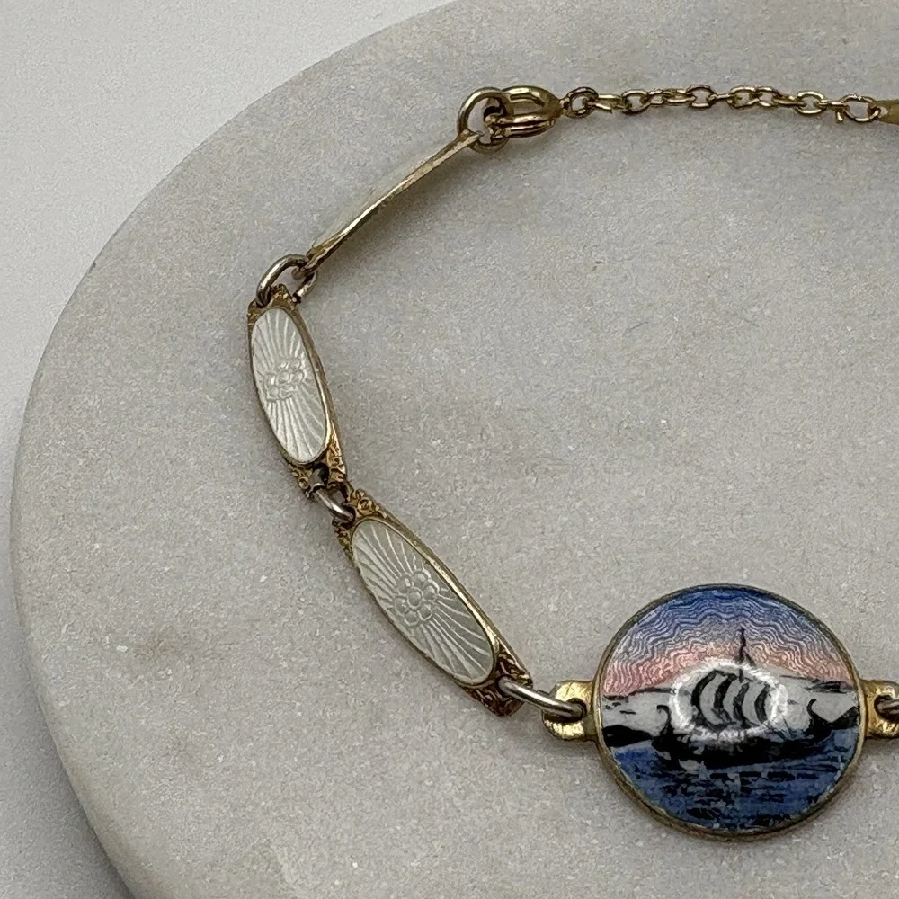 Vintage Sterling Silver Guilloche Enamel Bracelet Viking Ship Scandanavian READ